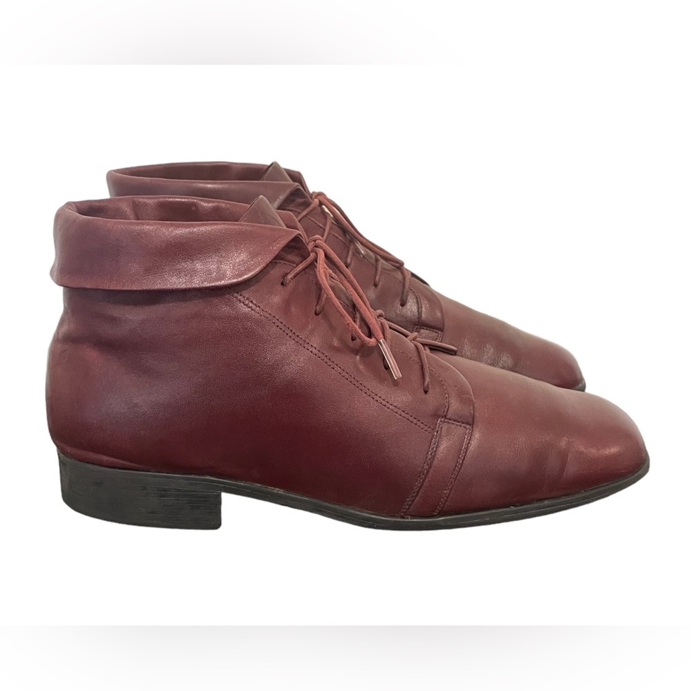 1990s Vintage Burgundy Color Genuine Leather Lace Up Ankle Boots-US Women SZ 12